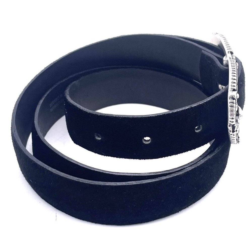 Landes Women Genuine Suede Black Belt Adjustable Floral Silver Tone Buckle Large - Picture 3 of 7